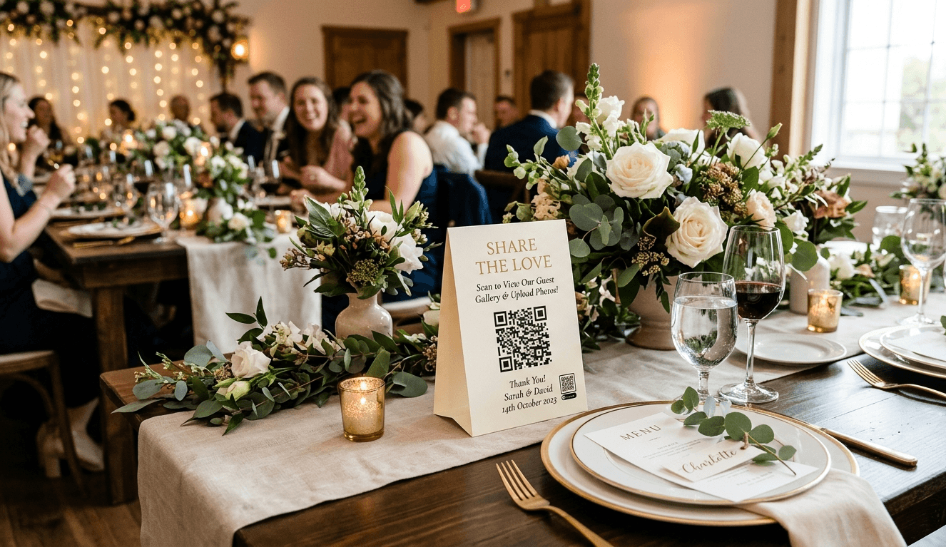 QR code tent card on a wedding reception table for guest photo uploads