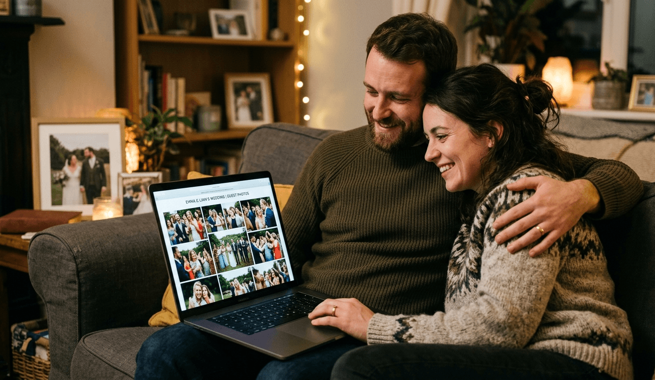 Couple sitting together on a couch reliving their wedding day by browsing guest photos on a laptop